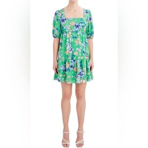 BCBG Floral Puff Sleeve Paris Chiffon Mini Dress Green  XL